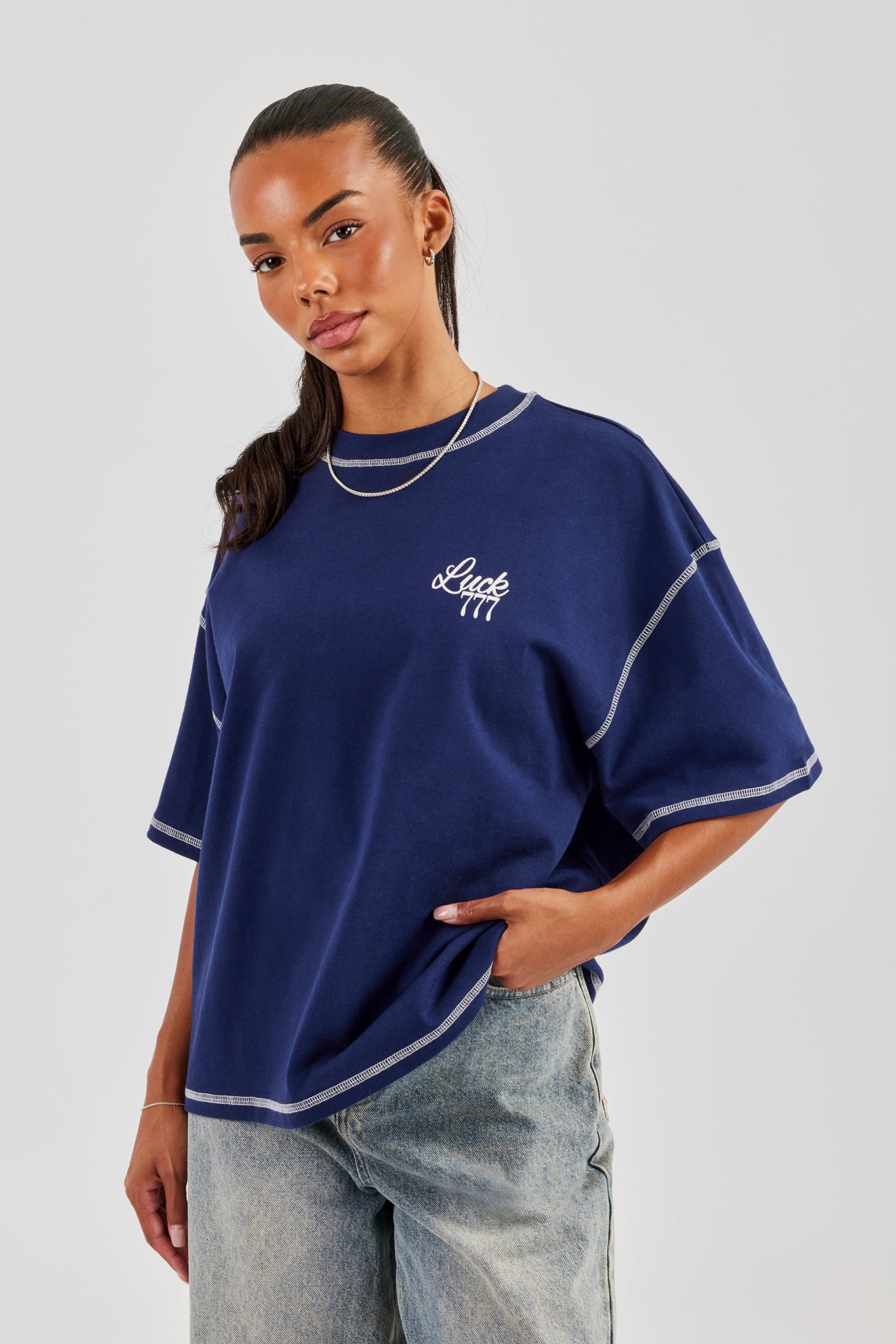 777 Luck Cherub Contrast Stitch Oversized T-Shirt - Navy Blue